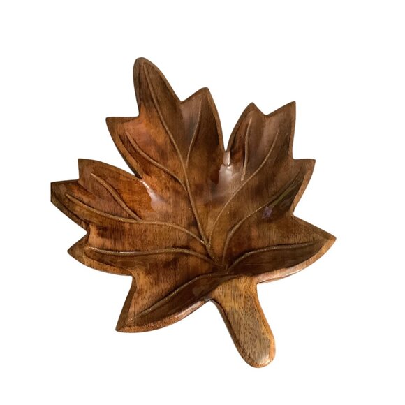 Vtg Handcrafted Hand Carved Wooden Leaf-Shaped Decor Tray 10”x12"x1.5” Glossy - Picture 3 of 7
